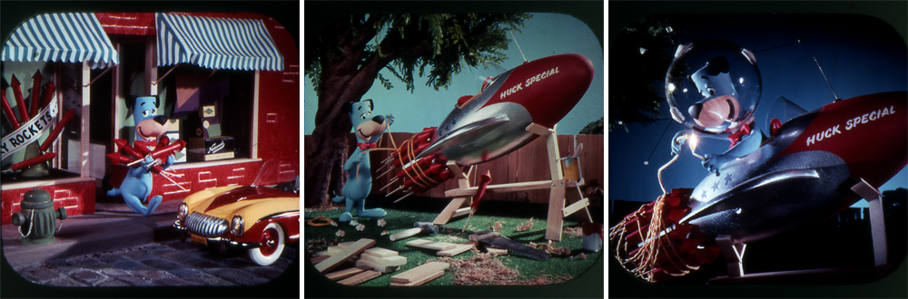 Frames from View-Master reel, Huckleberry Hound Lands on the Moon, (c) 1960 Hanna-Barbera Productions